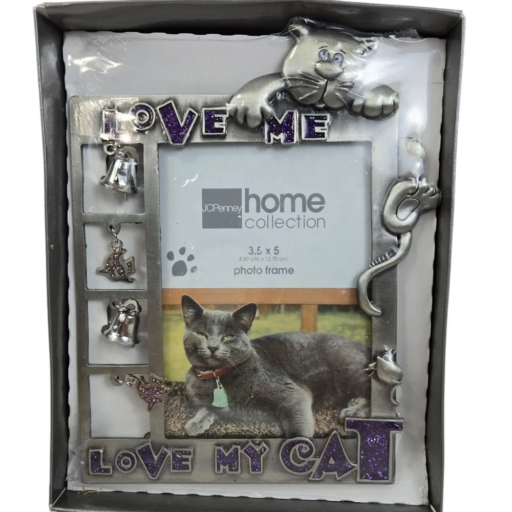 Cat Lovers Metal Picture Frame w Climbing Cat & Charms 3.5x5 Sealed In Gift Box